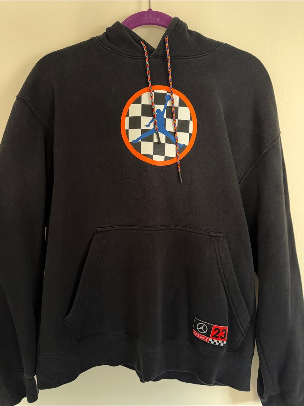 Jordan Black Hoodie with Orange Checkerboard and Blue Jumpman